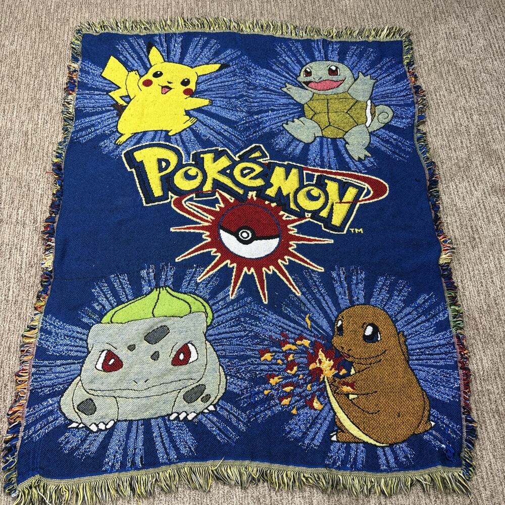 Pokemon Vintage 90s Tapestry Throw Blanket Pikachu Charmander Bulbasaur Squirtle